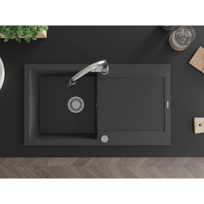 Mexen Leo vienos kameros granitinė plautuvė su nusausintuvu ir virtuviniu maišytuvu Elia, juodas taškuotas - 6501-76-670101-00
