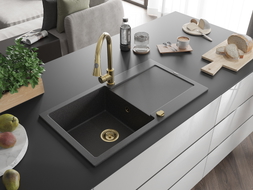 Mexen Leo granitinė vienos kameros kriauklė su drenažu ir virtuvės maišytuvu Elia, juoda dėmėta - 6501-76-670101-50