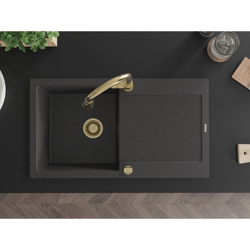 Mexen Leo vienos kompakcijos granitinė kriauklė su nutekėjimu ir virtuviniu maišytuvu Elia, juoda dėmėta - 6501-76-670101-50