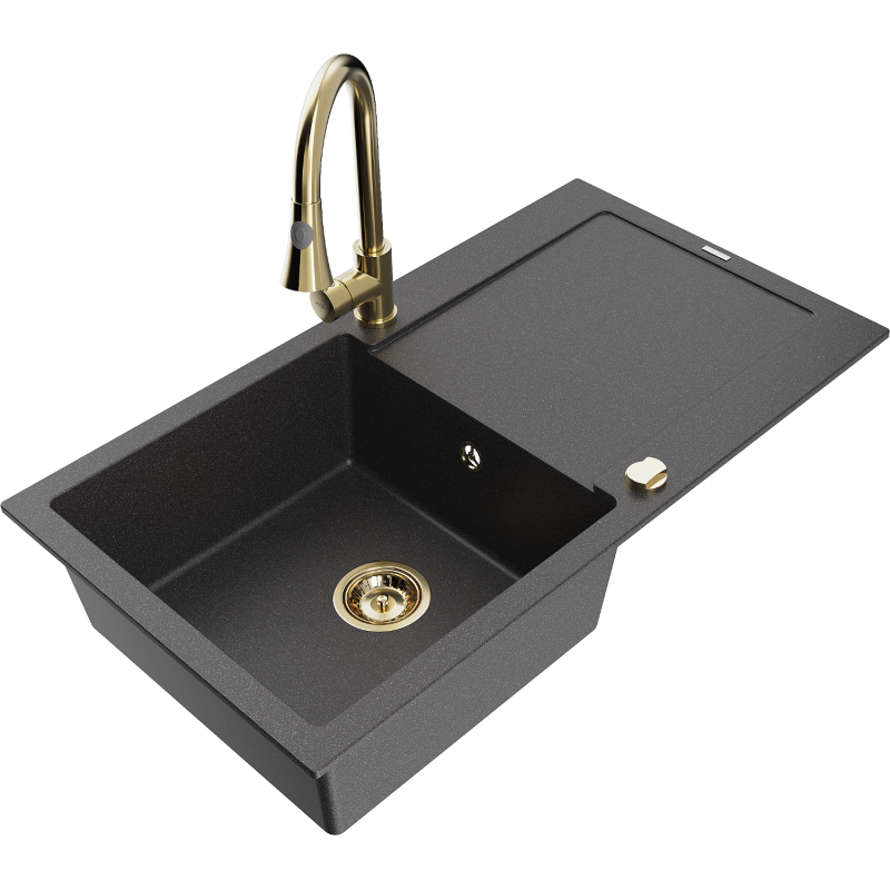 Mexen Leo vienos kompakcijos granitinė kriauklė su nutekėjimu ir virtuviniu maišytuvu Elia, juoda dėmėta - 6501-76-670101-50