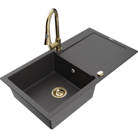 Mexen Leo vienos kompakcijos granitinė kriauklė su nutekėjimu ir virtuviniu maišytuvu Elia, juoda dėmėta - 6501-76-670101-50