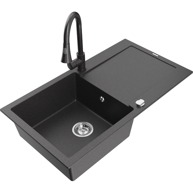 Mexen Leo granitinė vienos kameros plautuvė su nuvarvėjimo lentyna ir virtuviniu maišytuvu Elia, juodos spalvos su