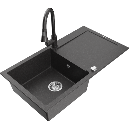 Mexen Leo granitinė vienos kameros plautuvė su nuvarvėjimo lentyna ir virtuviniu maišytuvu Elia, juodos spalvos su