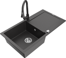 Mexen Leo granitinė vienos kameros plautuvė su nuvarvėjimo lentyna ir virtuviniu maišytuvu Elia, juodos spalvos su