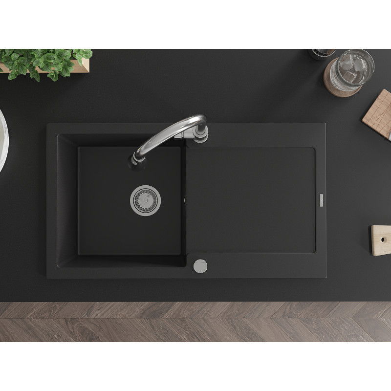 Mexen Leo vienos plovyklos granitinis kriauklė su nuvarvėjimo lenta ir virtuviniu maišytuvu Elia, juoda - 6501-77-670101-00