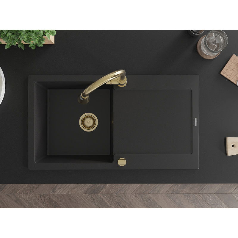 Mexen Leo viena komora granitinė plautuvė su drenažu ir virtuvės maišytuvu Elia, juoda - 6501-77-670101-50
