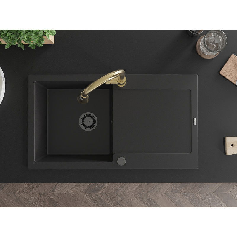 Mexen Leo granitinis virtuvės kriauklė 1-komorė su drenažu ir virtuvės maišytuvu Elia, juoda - 6501-77-670101-50-B