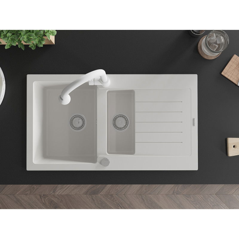 Mexen Matias granitinė 1,5 kameros kriauklė su nutekėjimu ir virtuviniu maišytuvu Elia, balta - 6502-20-670101-20