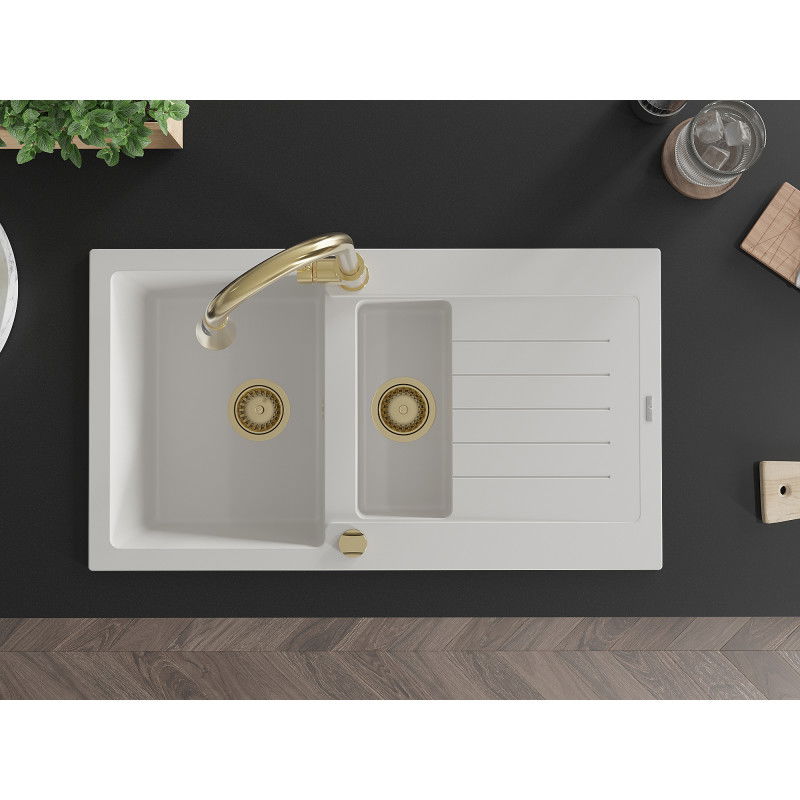 Mexen Matias granitinis plautuvas 1,5 kamerų su nuvarvėjimo lentyna ir virtuvės maišytuvu Elia, baltas - 6502-20-670101-50