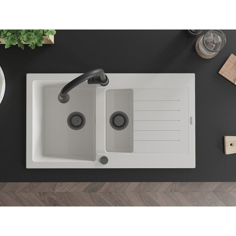 Mexen Matias granitinė 1,5 skyrių kriauklė su džiovykle ir virtuviniu maišytuvu Elia, balta - 6502-20-670101-70