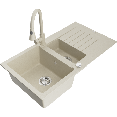 Mexen Matias granitinė 1,5 kamerų plautuvė su nusausintuvu ir virtuvės maišytuvu Elia, smėlio spalvos - 6502-69-670101-69