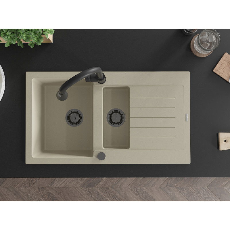 Mexen Matias granitinė 1,5 kamerų plautuvė su nusausintuvu ir virtuviniu maišytuvu Elia, smėlio - 6502-69-670101-70