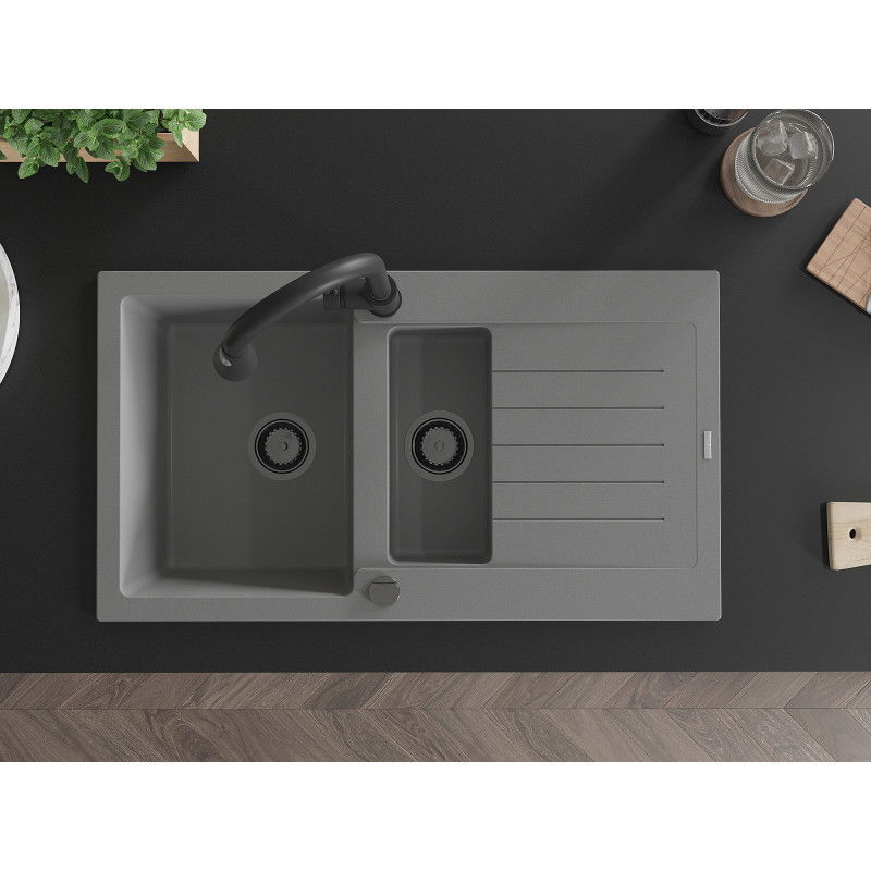 Mexen Matias granitinis plautuvė 1,5 kamerų su nutekamąja dalimi ir virtuviniu maišytuvu Elia, pilkas - 6502-71-670101-70-B