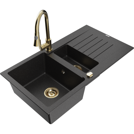 Mexen Matias granito kriauklė 1,5-dėžutė su lašinkliu ir virtuviniu maišytuvu Elia, juoda/sidabrinė metalo - 6502-73-670101-50