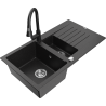 Mexen Matias granitinė dviejų kamerų plautuvė su nutekamu ir virtuviniu maišytuvu Elia, juoda/sidabro metalikas