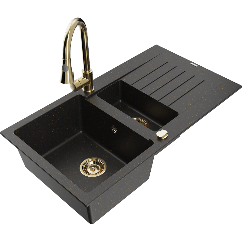 Mexen Matias granito plautuvė 1,5 kamerų su indėklu ir virtuvės maišytuvu Elia, juoda/auksinis metalikas