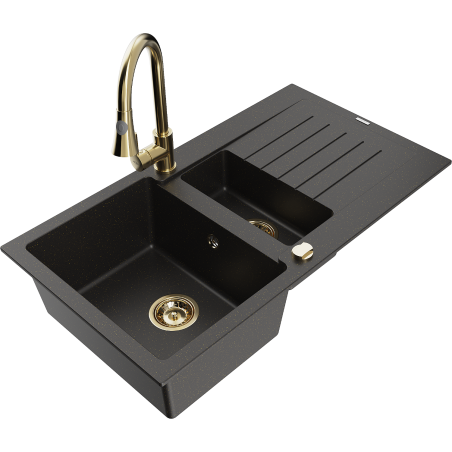 Mexen Matias granito plautuvė 1,5 kamerų su indėklu ir virtuvės maišytuvu Elia, juoda/auksinis metalikas