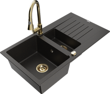 Mexen Matias granito plautuvė 1,5 kamerų su indėklu ir virtuvės maišytuvu Elia, juoda/auksinis metalikas