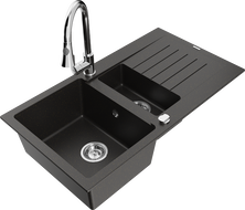 Mexen Matias grindinis plautuvas 1,5 kamerų su lašintuvu ir virtuvės čiaupu Elia, juodas/auksinis metalikas