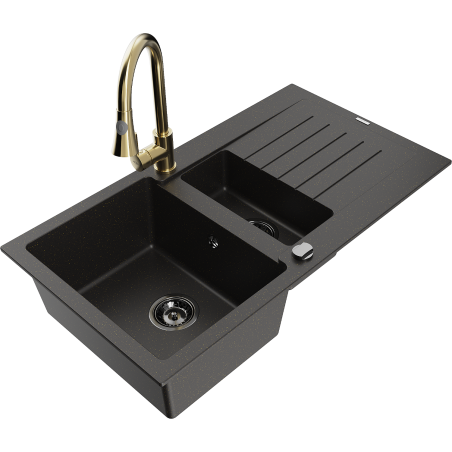 Mexen Matias 1,5 skyrių granitinė plautuvė su nusausinimo paviršiumi ir virtuviniu maišytuvu Elia, juodas/auksinis