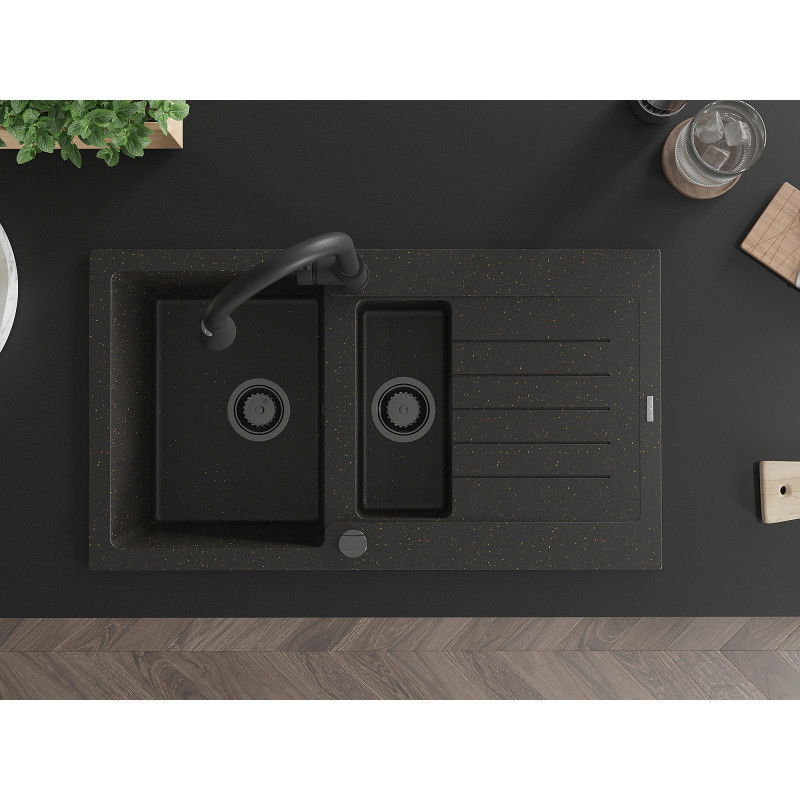 Mexen Matias granitinė 1,5 skylių plautuvė su nuvarvėjimo lentynėle ir virtuviniu maišytuvu Elia, juoda/auksinė metalika
