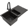 Mexen Matias granitinė 1,5 skylių plautuvė su nuvarvėjimo lentynėle ir virtuviniu maišytuvu Elia, juoda/auksinė metalika