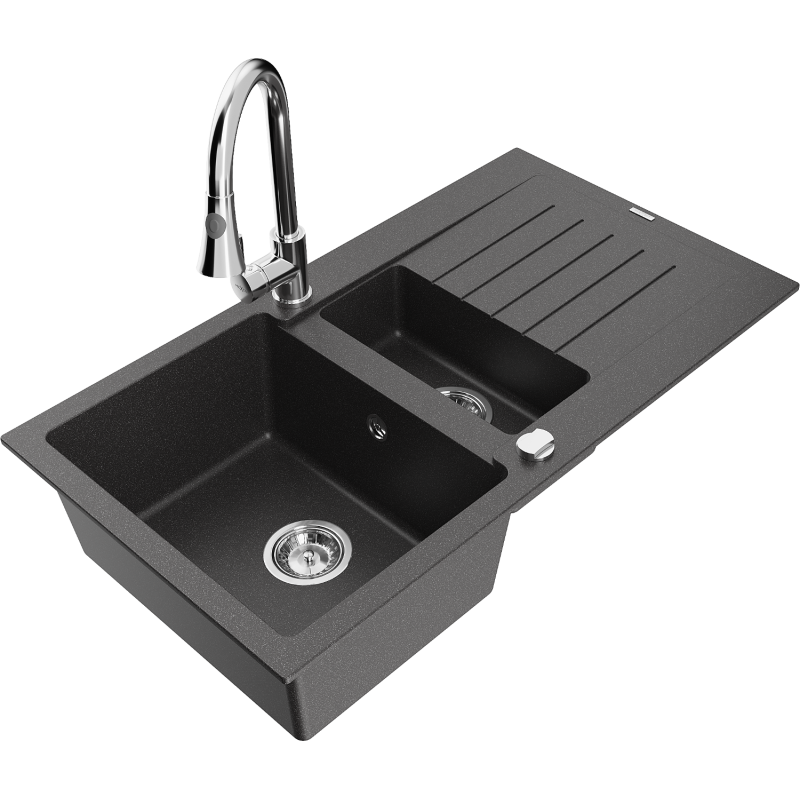 Mexen Matias granitinė 1,5 skylių kriauklė su drenažu ir Elia virtuviniu maišytuvu, juodas su dėmelėmis