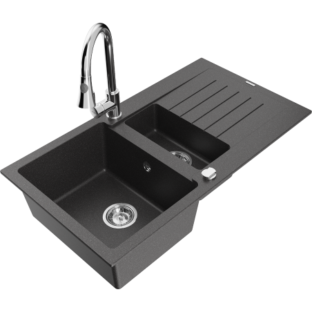 Mexen Matias granitinė 1,5 skylių kriauklė su drenažu ir Elia virtuviniu maišytuvu, juodas su dėmelėmis