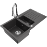 Mexen Matias granitinė 1,5 skylių kriauklė su drenažu ir Elia virtuviniu maišytuvu, juodas su dėmelėmis