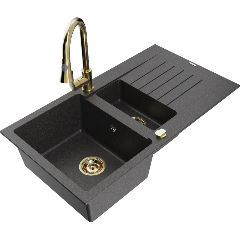 Mexen Matias 1,5 skyrių granitinė kriauklė su drenažu ir virtuviniu maišytuvu Elia, juoda su dėmėmis - 6502-76-670101-50