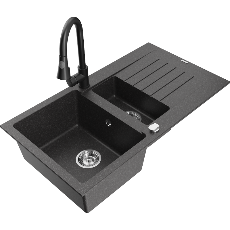 Mexen Matias 1,5 kamerų granitinė plautuvė su indu ir virtuvės maišytuvu Elia, juoda su dėmelėmis - 6502-76-670101-70