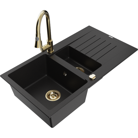 Mexen Matias granitinė 1,5 skyrių plautuvė su nutekėjimo ir virtuviniu maišytuvu Elia, juoda - 6502-77-670101-50