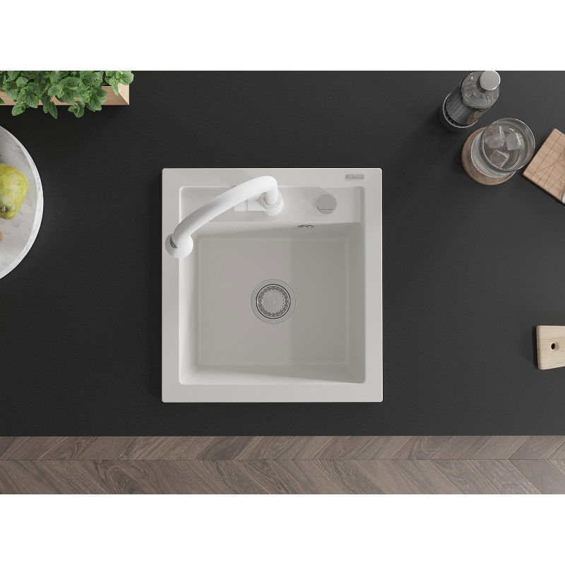 Mexen Vito granitinis vieno dubens plautuvė su virtuviniu maišytuvu Elia, balta - 6503-20-670101-20