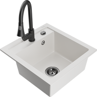 Mexen Vito granito virtuvės kriauklė su viena talpa ir Elia virtuviniu maišytuvu, balta - 6503-20-670101-70