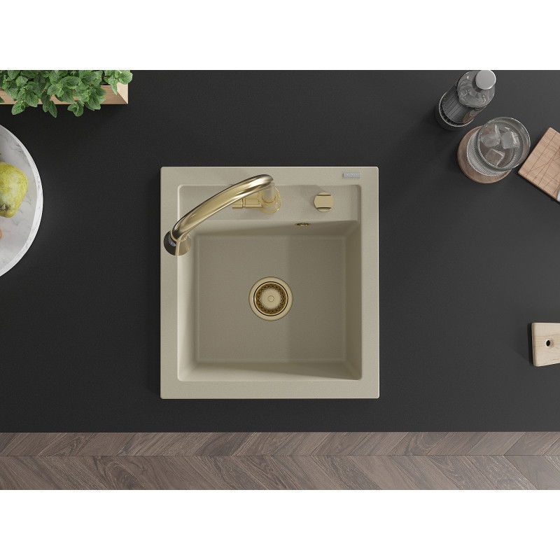 Mexen Vito granitinė plautuvė 1 kamerų su virtuviniu maišytuvu Elia, smėlio spalvos - 6503-69-670101-50