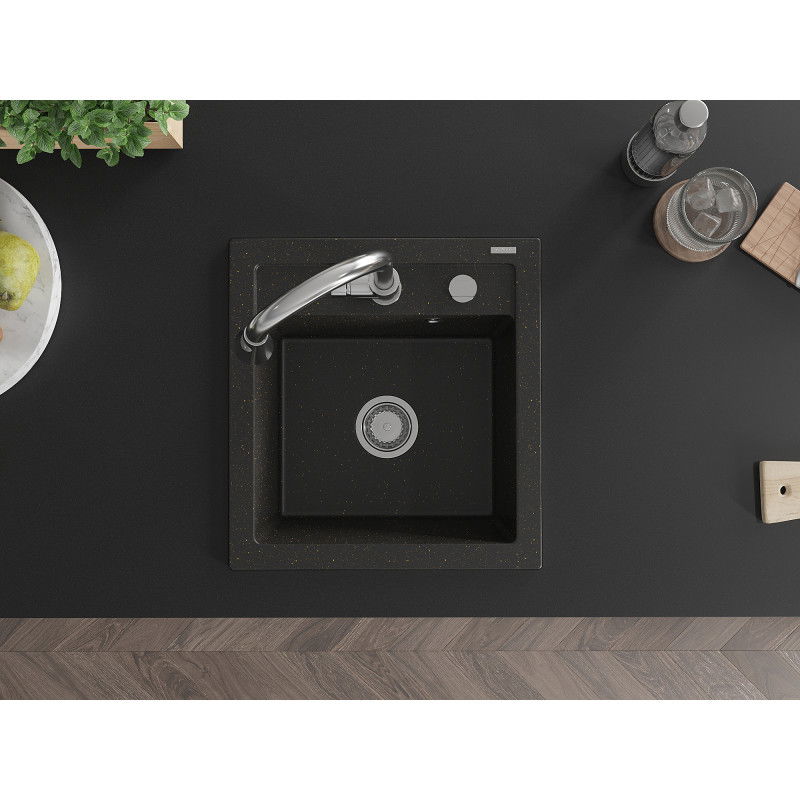 Mexen Vito vienos kameros granito kriauklė su virtuviniu maišytuvu Elia, juoda/auksinis metalikas - 6503-75-670101-00