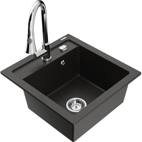 Mexen Vito vienos kameros granito kriauklė su virtuviniu maišytuvu Elia, juoda/auksinis metalikas - 6503-75-670101-00