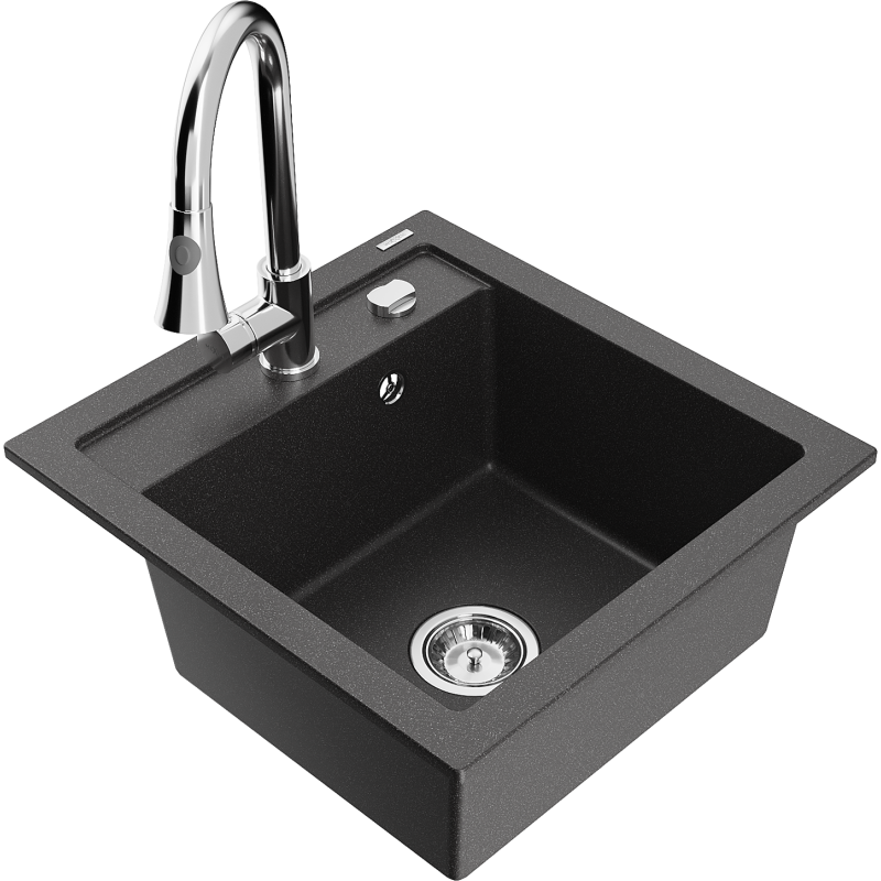 Mexen Vito granitinė virtuvės kriauklė su viena kamera ir maišytuvu Elia, juodas su taškučiais - 6503-76-670101-00