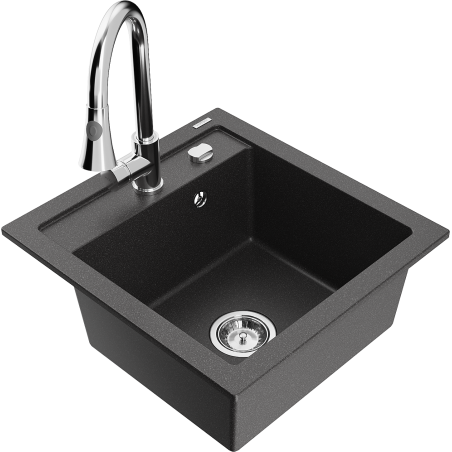 Mexen Vito granitinė virtuvės kriauklė su viena kamera ir maišytuvu Elia, juodas su taškučiais - 6503-76-670101-00