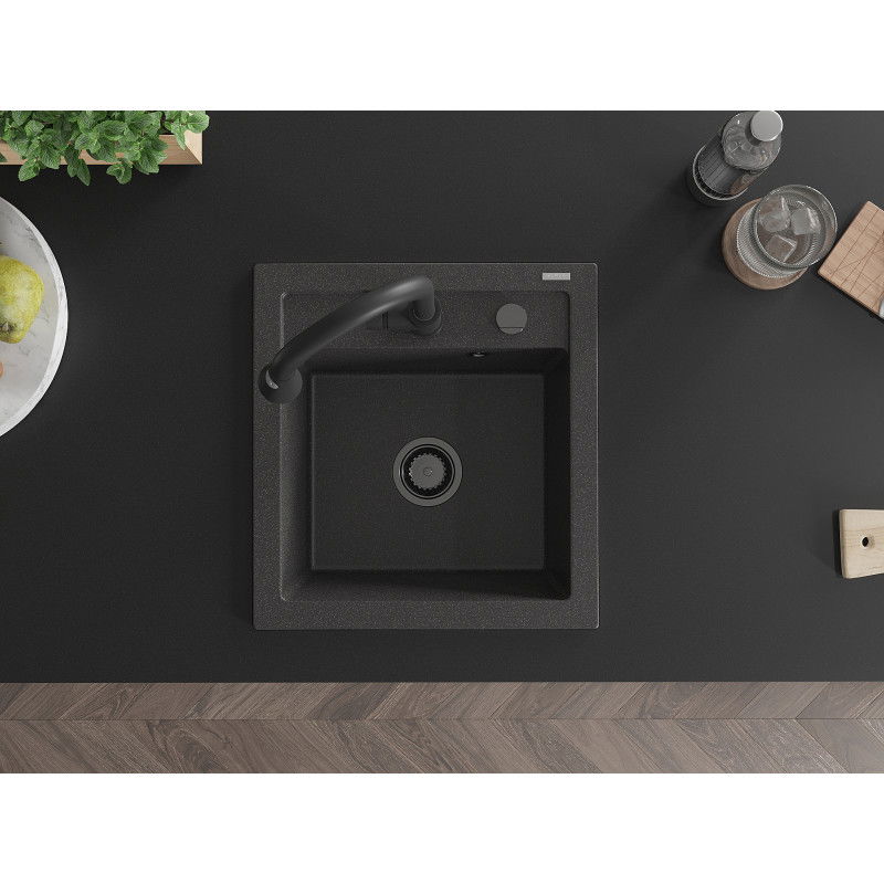Mexen Vito granito virtuvės kriauklė su vienu skyriumi ir Elia virtuviniu maišytuvu, juoda taškuotas - 6503-76-670101-70-B