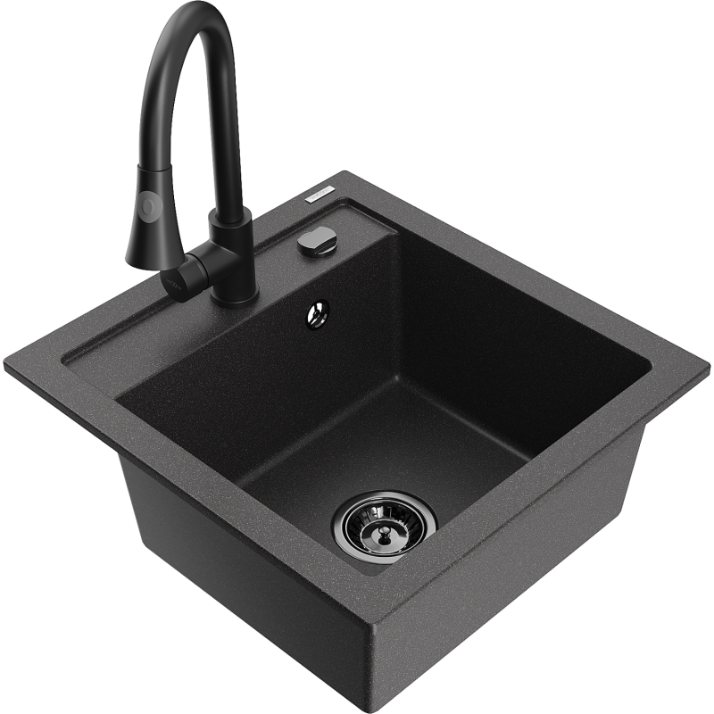Mexen Vito granito virtuvės kriauklė su vienu skyriumi ir Elia virtuviniu maišytuvu, juoda taškuotas - 6503-76-670101-70-B