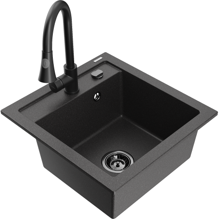 Mexen Vito granito virtuvės kriauklė su vienu skyriumi ir Elia virtuviniu maišytuvu, juoda taškuotas - 6503-76-670101-70-B