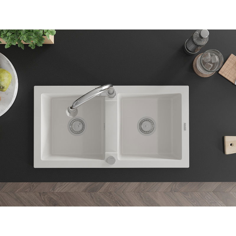 Mexen Mario granitinis plautuvės 2 skyrių su Elia virtuviniu maišytuvu, baltas - 6504-20-670101-00