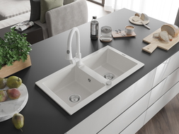 Mexen Mario granito kriauklė su 2 kameromis ir virtuviniu maišytuvu Elia, baltas - 6504-20-670101-20