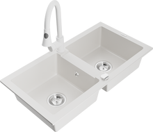 Mexen Mario granito kriauklė su 2 kameromis ir virtuviniu maišytuvu Elia, baltas - 6504-20-670101-20