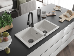 Mexen Mario granito 2-jų skyrių virtuvės kriauklė su Elia virtuvės maišytuvu, balta - 6504-20-670101-70