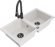 Mexen Mario granito 2-jų skyrių virtuvės kriauklė su Elia virtuvės maišytuvu, balta - 6504-20-670101-70