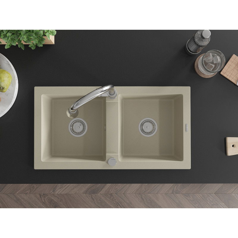 Mexen Mario granitinis dviejų skyrių virtuvės kriauklė su maišytuvu Elia, smėlinė - 6504-69-670101-00