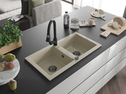 Mexen Mario granitinis dviejų skyrių plautuvas su virtuviniu maišytuvu Elia, smėlio - 6504-69-670101-70