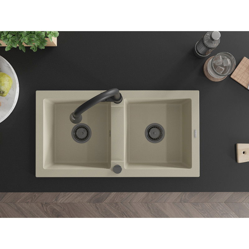 Mexen Mario granitinis dviejų skyrių plautuvas su virtuviniu maišytuvu Elia, smėlio - 6504-69-670101-70